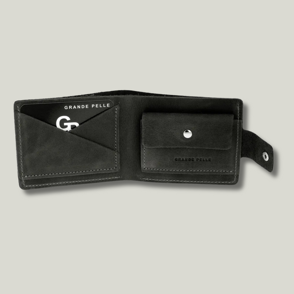 Grande Pelle Buttoned Wallet 115x90x15mm, Crazy Horse Leather, Black