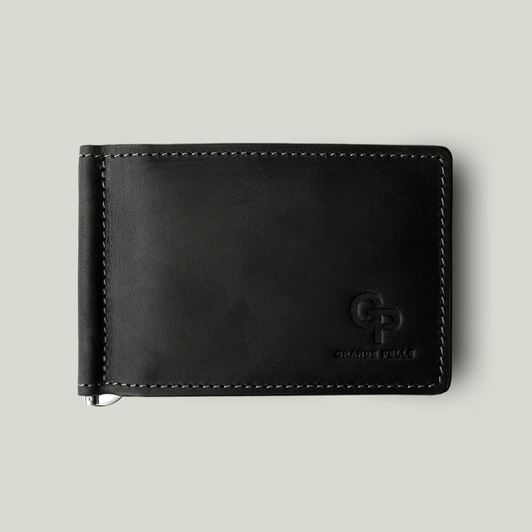 Grande Pelle Onda Money Clip with Coin Pocket 115x80mm, Crazy Horse Leather, Black