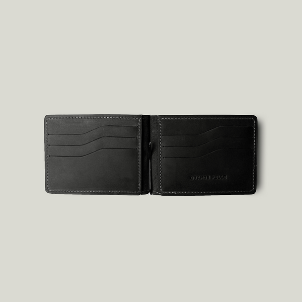 Grande Pelle Onda Money Clip with Coin Pocket 115x80mm, Crazy Horse Leather, Black