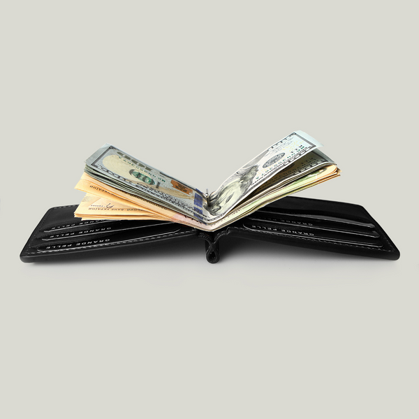 Grande Pelle Onda Money Clip with Coin Pocket 115x80mm, Crazy Horse Leather, Black