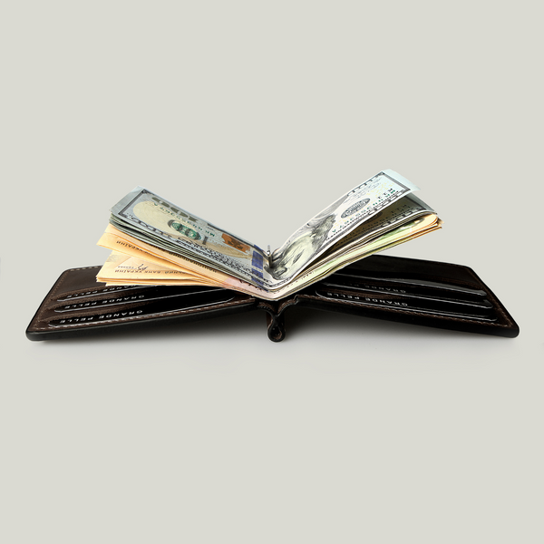 Grande Pelle Onda Money Clip with Coin Pocket 115x80mm, Glossy Leather, Chocolate