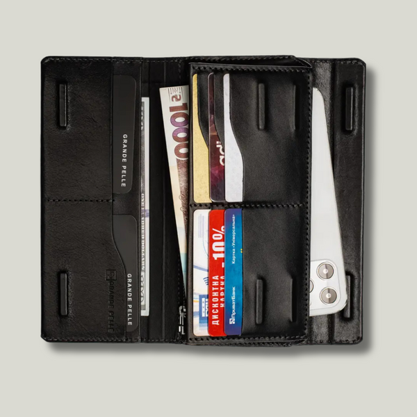 Grande Pelle Leather Wallet 205x100x25mm, Glossy Leather, Black