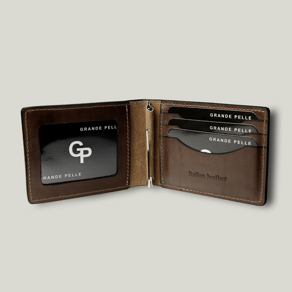 Grande Pelle Clip-Wallet 110x80mm, Glossy Leather, Chocolate